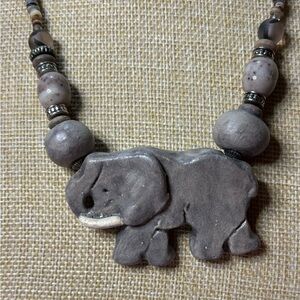 Handmade Clay Elephant Pendant Beaded Necklace - Gray
